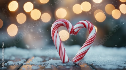 A macro shot of a pair of candy canes forming a heart shape 