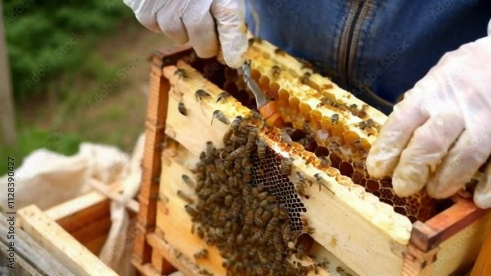 Super slow motion of apiarist beekeeper controls nectar quantity collected by bees honeycombs for making organic bio honey in hive at green ecological agricultural beekeeping natural production farm Super slow motion of apiarist beekeeper controls nectar quantity collected by bees honeycombs for making organic bio honey in hive at green ecological agricultural beekeeping natural production farm