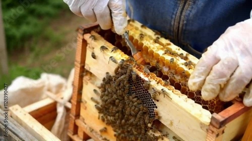 Wallpaper Mural Super slow motion of apiarist beekeeper controls nectar quantity collected by bees honeycombs for making organic bio honey in hive at green ecological agricultural beekeeping natural production farm Torontodigital.ca