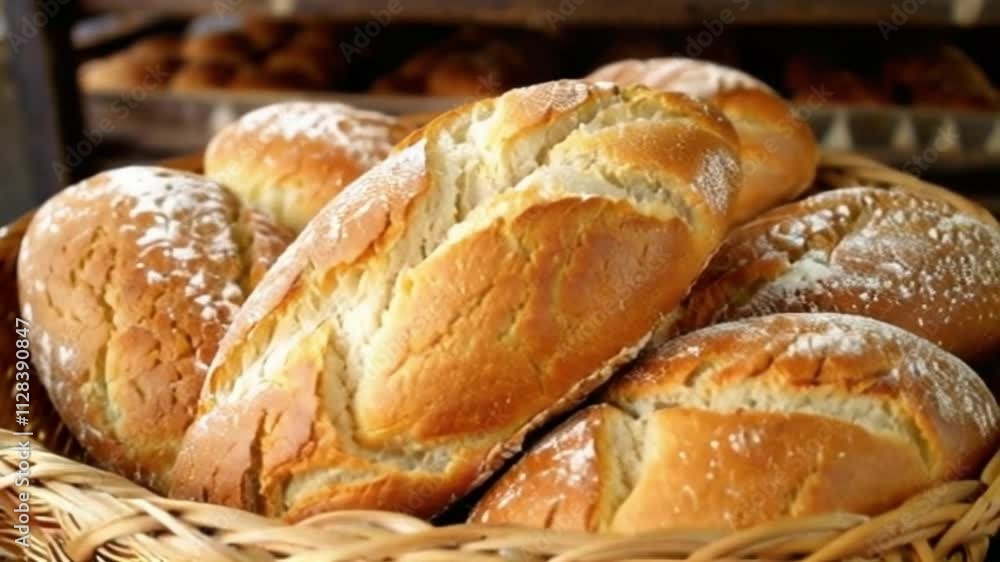 Super slow motion of artisan handmade fresh baked loaves with golden crusts are carefully placed into basket by baker in traditional bakery kitchen, capturing essence of craftsmanship Super slow motion of artisan handmade fresh baked loaves with golden crusts are carefully placed into basket by baker in traditional bakery kitchen, capturing essence of craftsmanship