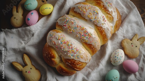 Traditional braided Easter bread with colorful decorations and cookies photo