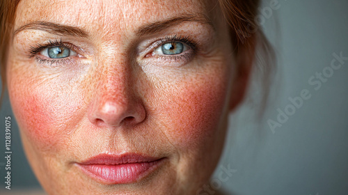 Woman with red skin on her face. She has a red nose and red eyes. She is looking away from the camera