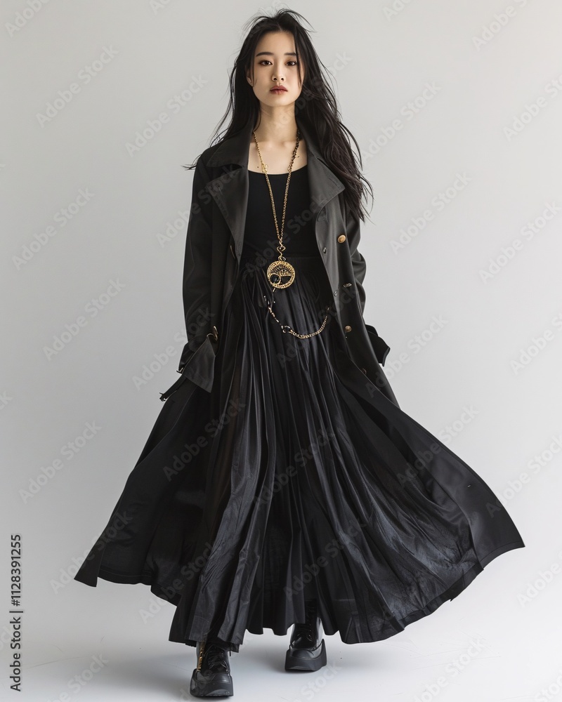 Fototapeta premium korean woman model in black eccentric outfit with white background