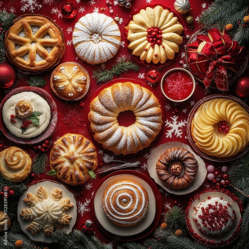 Christmas Holiday Pastries Displayed on a Festive Red and White Table Culinary Art Cozy Atmosphere Top-Down View Christmas Holiday Pastries Displayed on a Festive Red and White Table Culinary Art Cozy Atmosphere Top-Down View