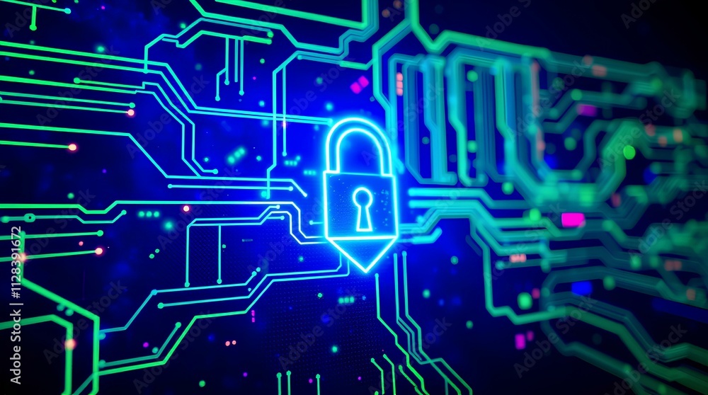 glowing digital padlock on a futuristic blue circuit board background glowing digital padlock on a futuristic blue circuit board background