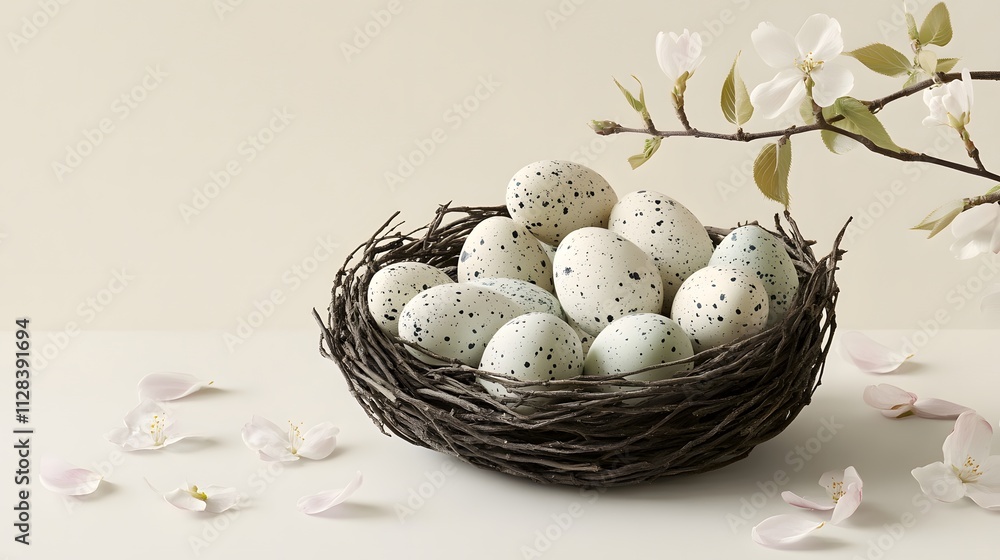 Realistic Easter nest filled with decorative speckled eggs and delicate blossoms on a neutral background Realistic Easter nest filled with decorative speckled eggs and delicate blossoms on a neutral background
