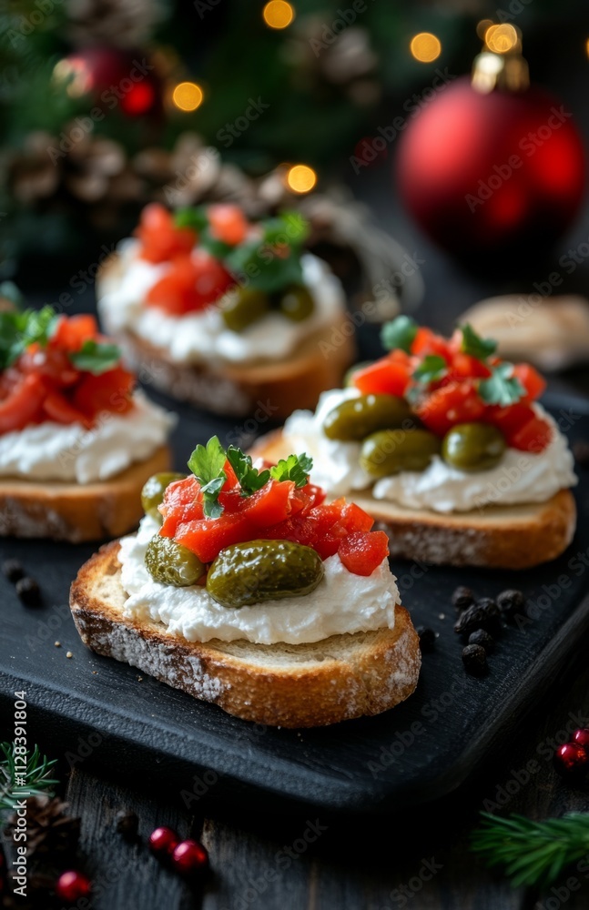 Small Toasts with Cream Cheese and Pickled Peppers on Black Wooden Board Small Toasts with Cream Cheese and Pickled Peppers on Black Wooden Board