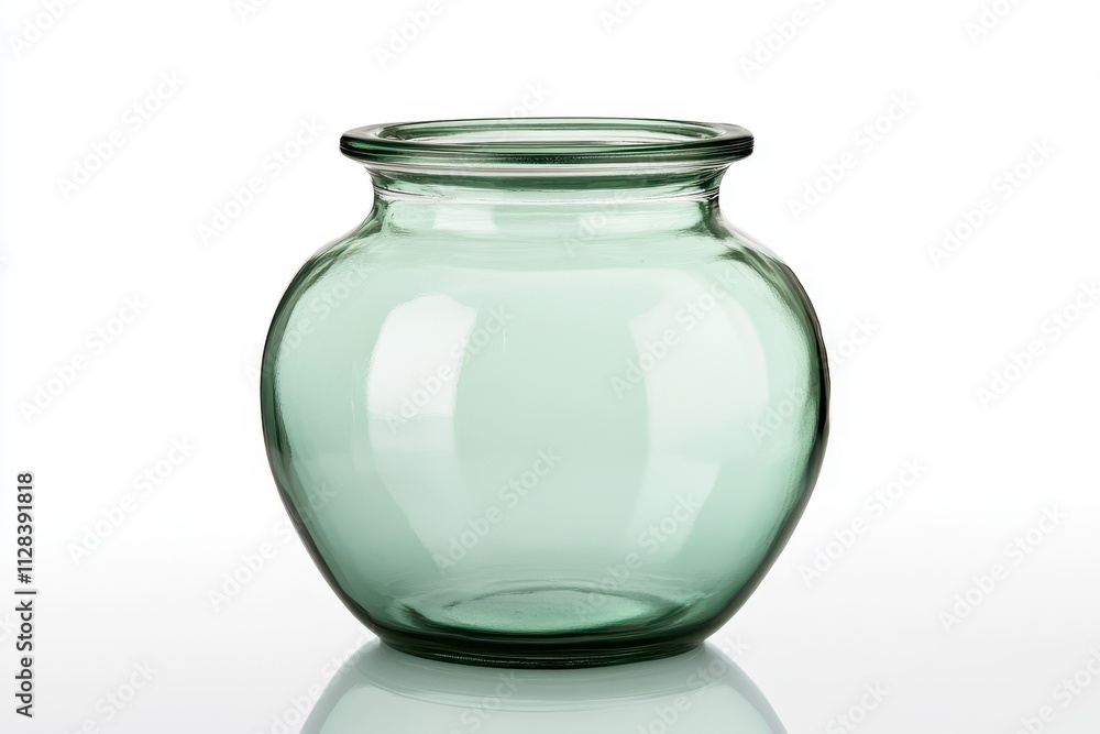 Seafoam green glass jar with a wide base and a slightly curved body. Perfect for home decor, storing small items, or as a unique vase.