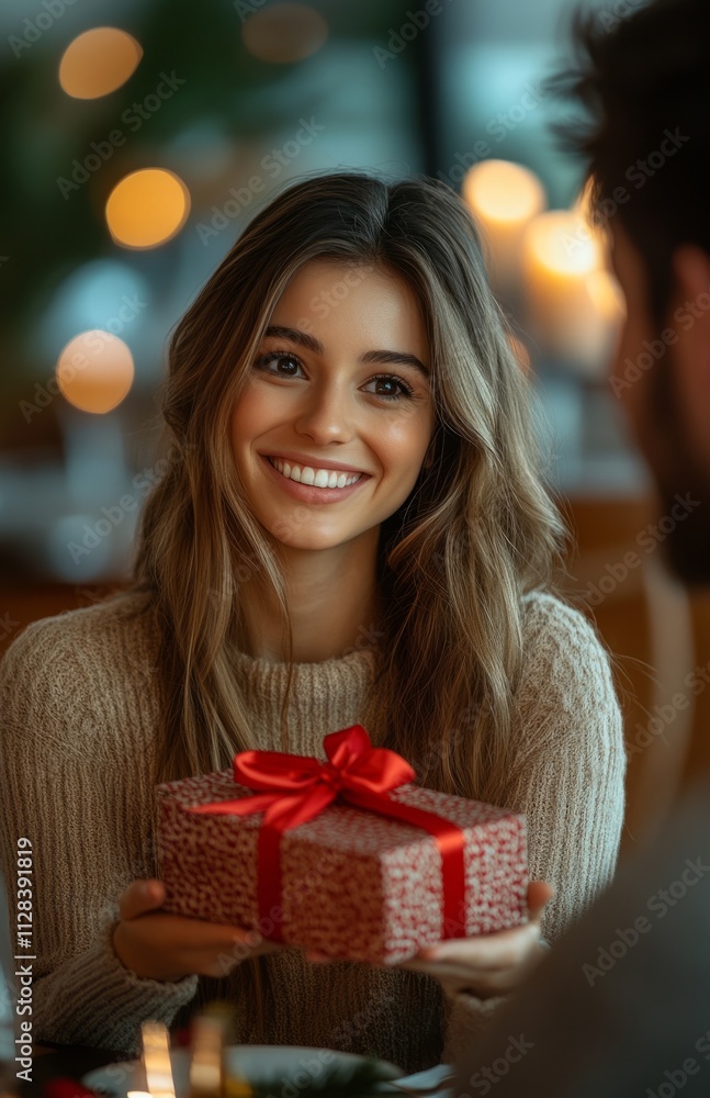 Woman receiving Valentines gift from her loving partner on a special day Woman receiving Valentines gift from her loving partner on a special day