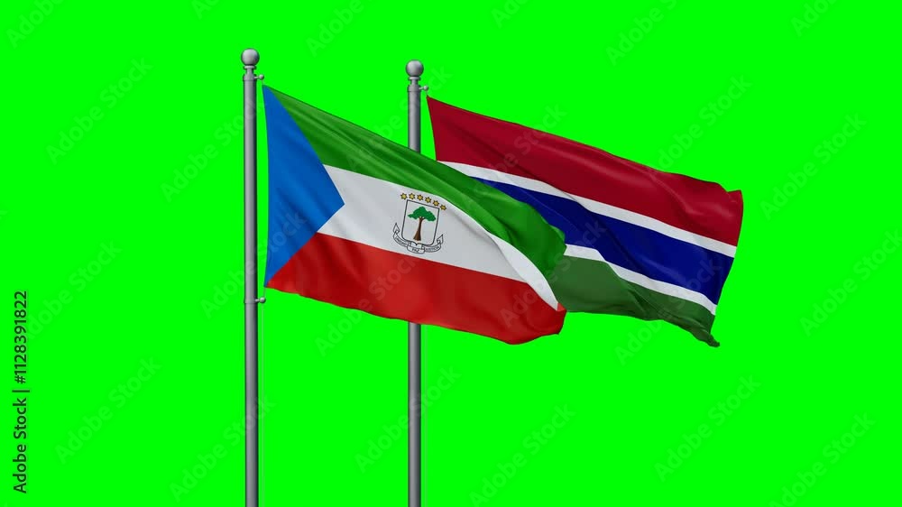 Gambia and Equatorial Guinea flags flying together, video concept of the relationship with colored chroma key for easy background remove Gambia and Equatorial Guinea flags flying together, video concept of the relationship with colored chroma key for easy background remove