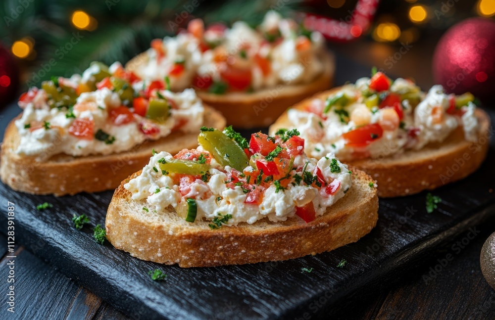 Small Toasts with Cream Cheese and Pickled Peppers on Black Wooden Board Small Toasts with Cream Cheese and Pickled Peppers on Black Wooden Board