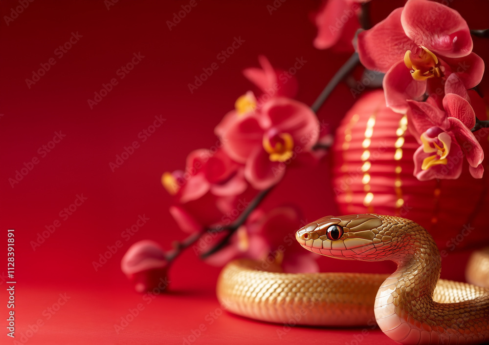 Cute gold snake, Chinese new year celebration, orchid flower, red china lantern, red background. Cute gold snake, Chinese new year celebration, orchid flower, red china lantern, red background.