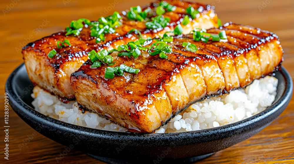 Juicy grilled pork belly served on a bed of rice, garnished with green onions, showcasing a delicious and appetizing dish. Juicy grilled pork belly served on a bed of rice, garnished with green onions, showcasing a delicious and appetizing dish.