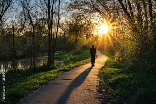 A lone figure strolls down a sun drenched path  casting a long shadow  amidst tranquil nature.