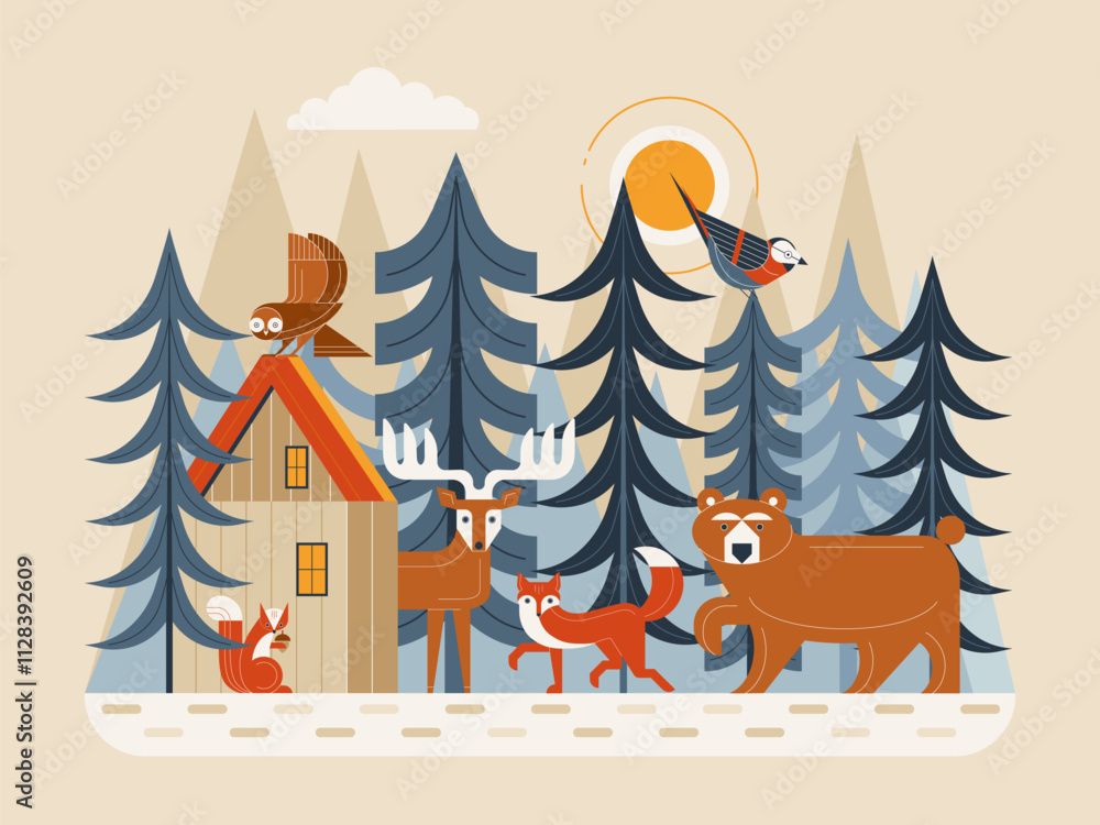 Scandinavian Forest Wildlife Scene with Animals and Birds