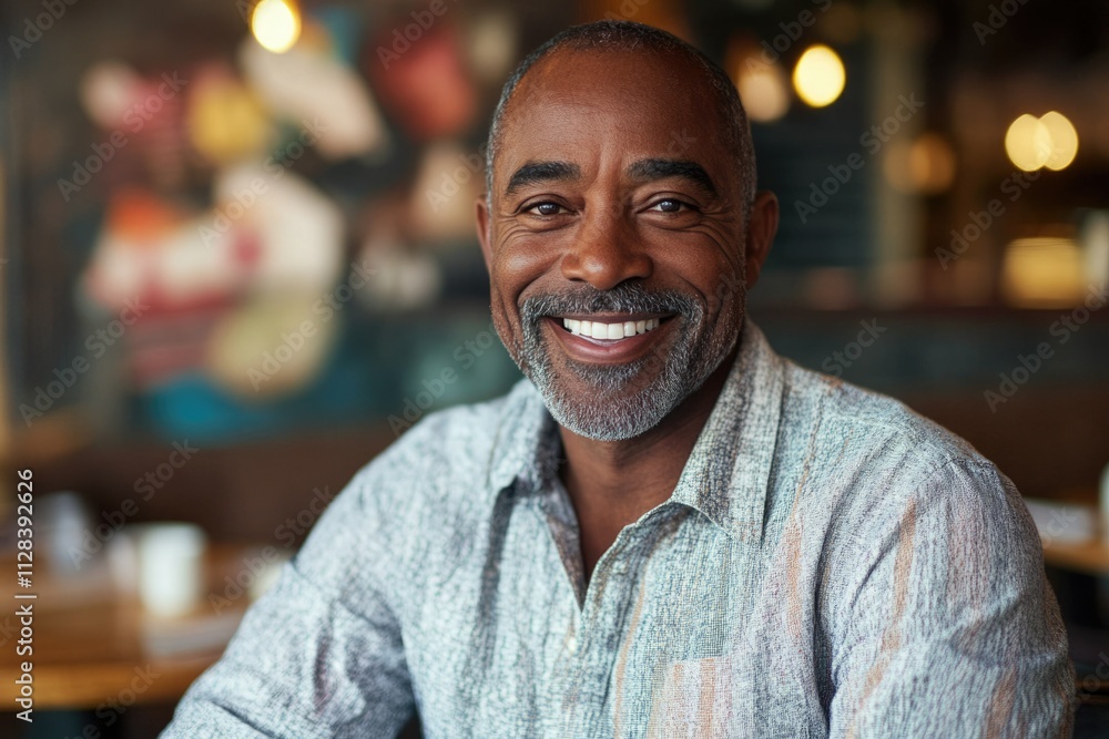 A happy mature African American man smiles warmly in a cafe setting. A happy mature African American man smiles warmly in a cafe setting.