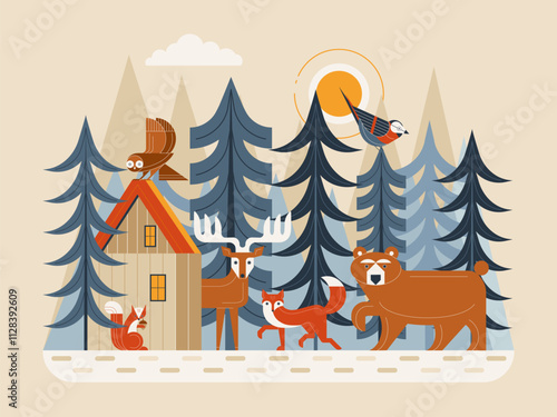 Obraz na płótnie Scandinavian Forest Wildlife Scene with Animals and Birds w salonie