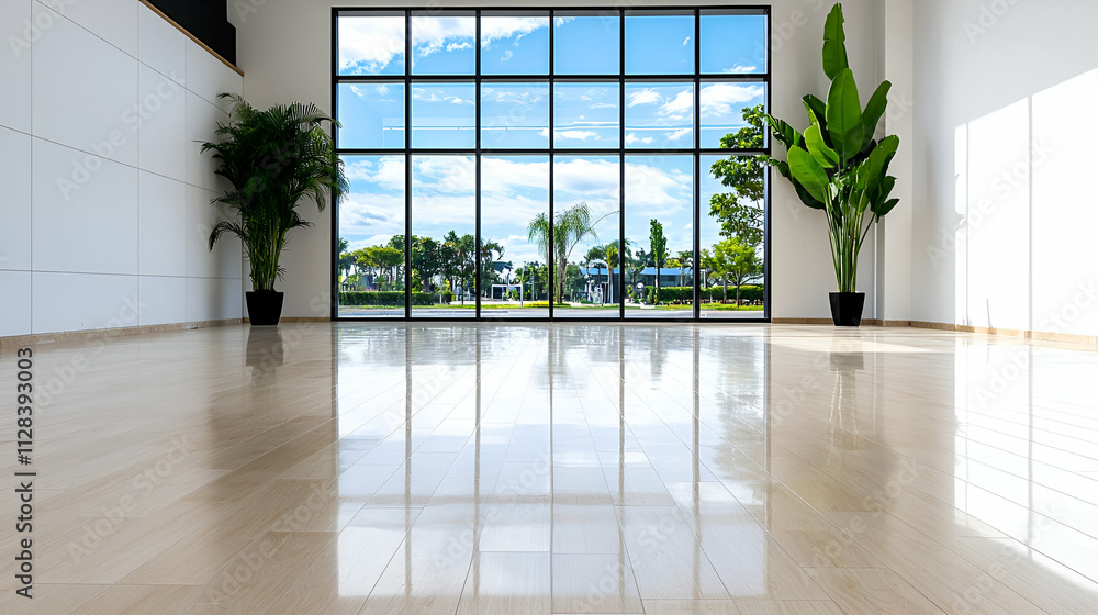 Bright, modern interior with polished floors and large windows showcasing greenery outside. Bright, modern interior with polished floors and large windows showcasing greenery outside.