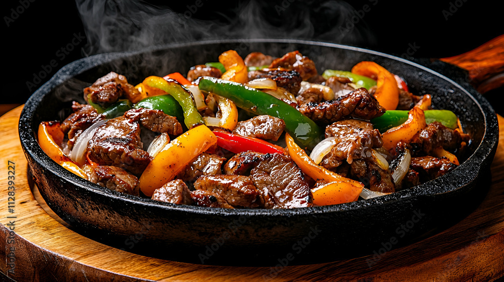 Sizzling beef fajitas with colorful bell peppers served on a hot skillet, emitting steam and showcasing a delicious meal. Sizzling beef fajitas with colorful bell peppers served on a hot skillet, emitting steam and showcasing a delicious meal.