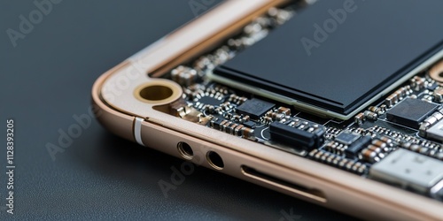 abstract marketing background featuring a 3D disassembled smartphone showcasing electronic chips and CPU, highlighting its processors and components. This design is ideal for banners, advertisements, 