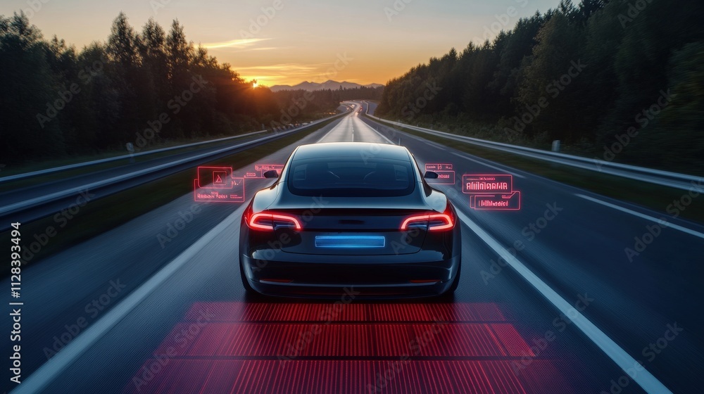 Fototapeta premium Futuristic and calming highway scene featuring a car surrounded by softly glowing safety icons (ABS, ASR, ESP, EBD, TCS, Hill Holder, and Driver Fatigue Detection). 