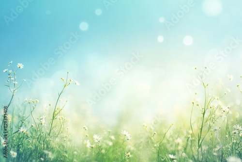 Serene field of delicate white wildflowers under a soft  bright blue sky.