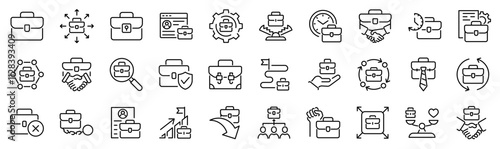 Set of 30 outline icons related to briefcase. Linear icon collection. Editable stroke. Vector illustration	