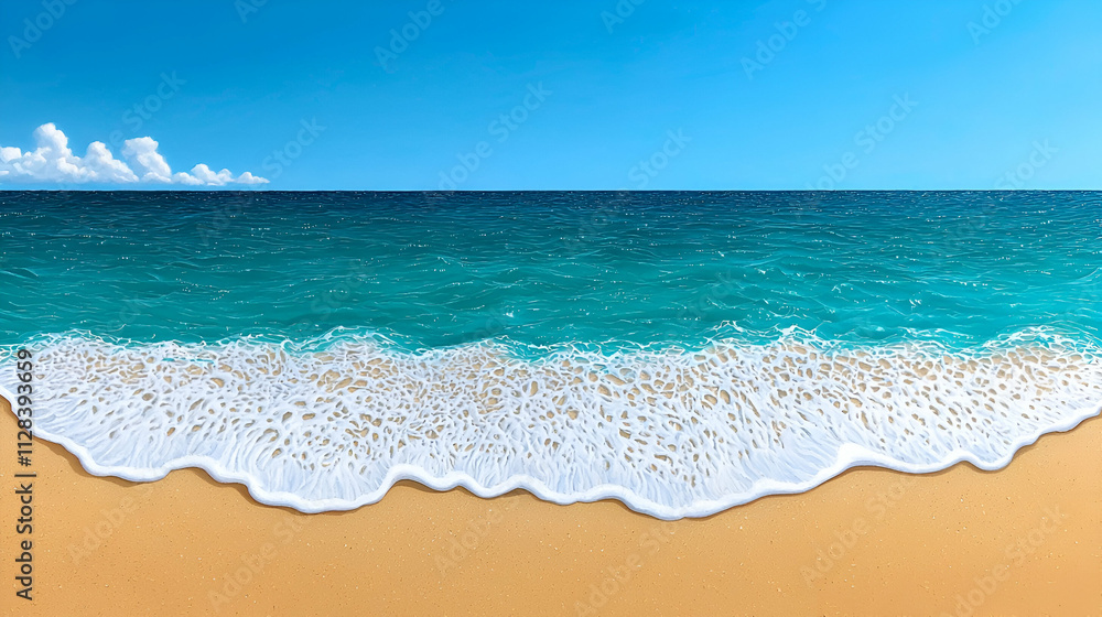 Vibrant beach scene with clear blue water lapping against golden sand under a bright blue sky.