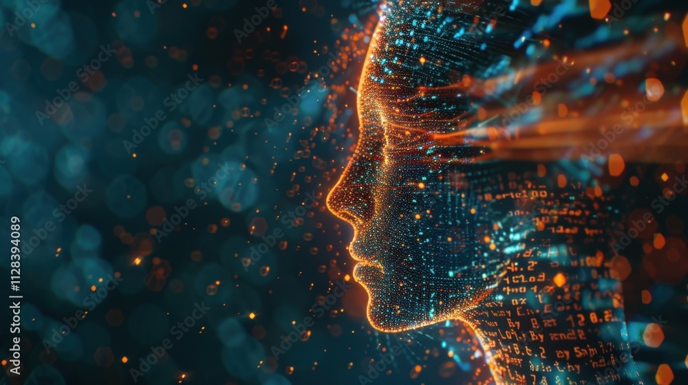 Orange and blue particles and numbers flowing from a digital human face represent artificial intelligence processing big data, machine learning, and deep learning Orange and blue particles and numbers flowing from a digital human face represent artificial intelligence processing big data, machine learning, and deep learning