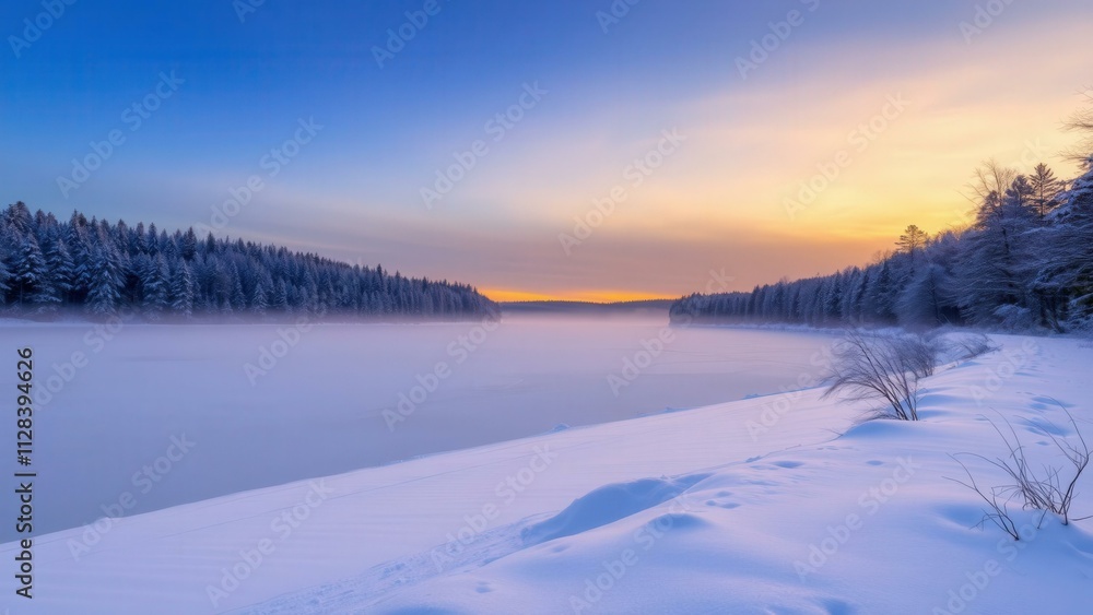 Winter Wonderland: A Snowy Landscape at Sunset, Perfect for Nature Lovers and Winter Enthusiasts
