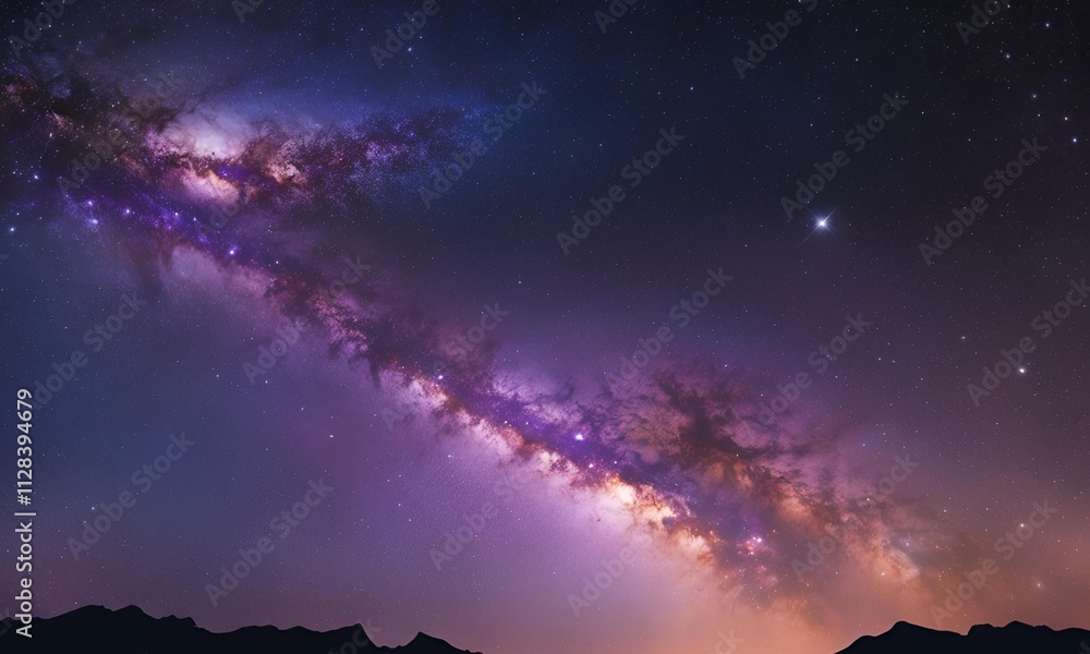 Naklejka premium A breathtaking nightscape captures the Milky Way galaxy arching across a star-filled sky, its purple and pink hues illuminating the horizon above a silhouetted mountain range.