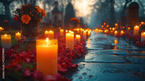 all souls day a peaceful cemetery lit with candles to honor the departed