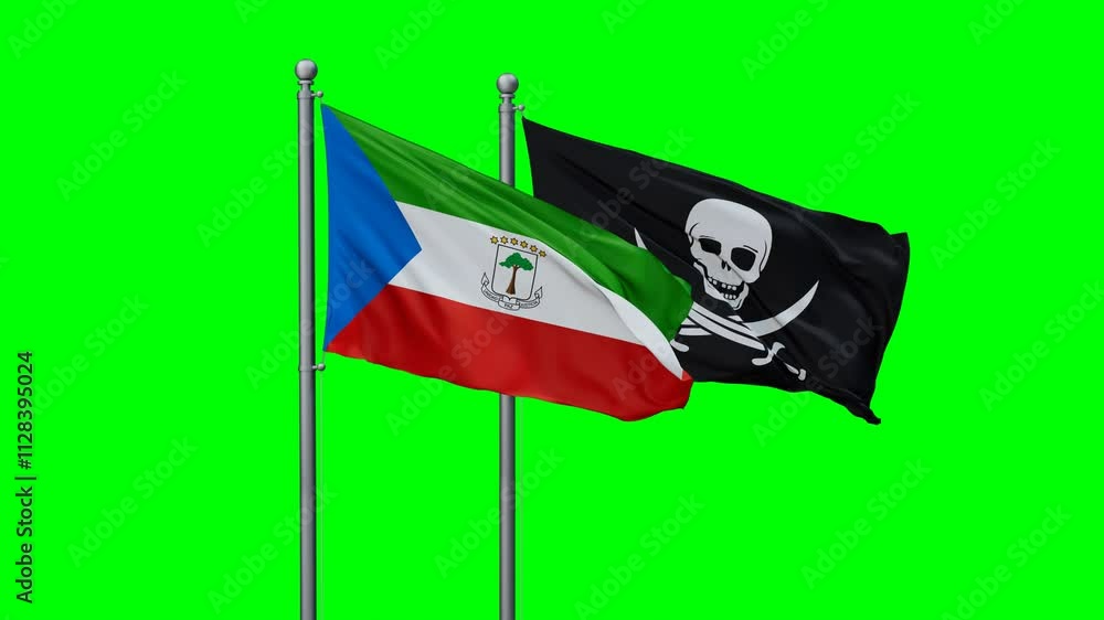 Equatorial Guinea and Corsair flags flying together, video concept of the relationship with colored chroma key for easy background remove Equatorial Guinea and Corsair flags flying together, video concept of the relationship with colored chroma key for easy background remove