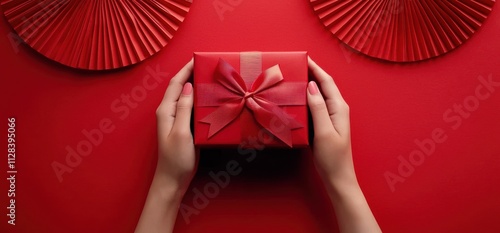 Chinese New Year, red background with hands holding a square gift box and ribbons