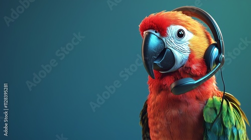 A parrot with headphones using a phone symbolizes multitasking in a call center. photo