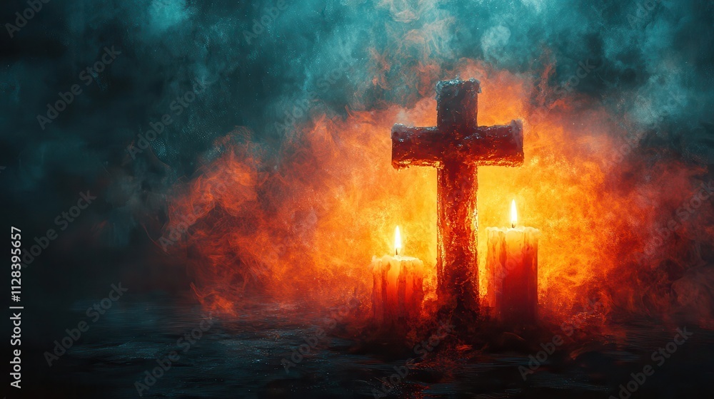 all souls day christian cross with burning candles on abstract watercolor background digital illustration