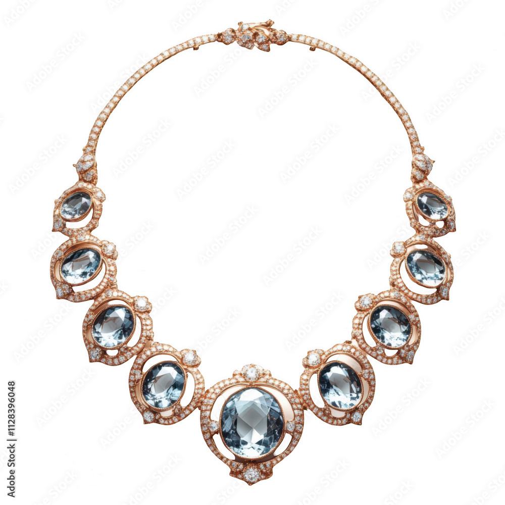 Obraz premium Gold and diamond necklace with aquamarine stones, on transparent background, 3d rendering