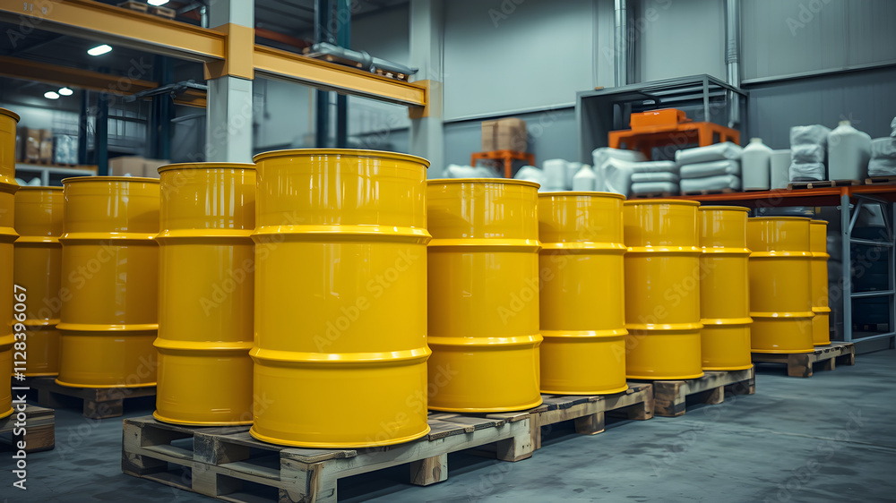 A row of yellow barrels stacked on pallets in a warehouse A row of yellow barrels stacked on pallets in a warehouse