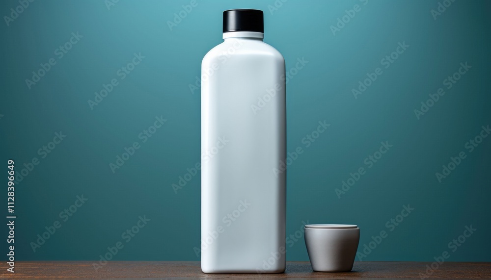 A bottle of shampoo sits on a table next to a small cup A bottle of shampoo sits on a table next to a small cup