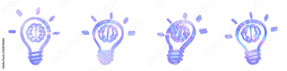 Set of 4 3d glass idea light bulb outline shape with aberration effect isolated on a transparent background. Blue tone. 3d transparent elements for graphic design. Set of 4 3d glass idea light bulb outline shape with aberration effect isolated on a transparent background. Blue tone. 3d transparent elements for graphic design.