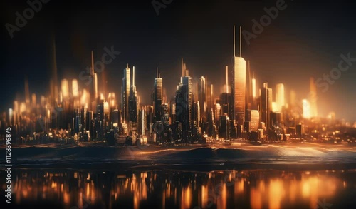 Futuristic Cityscape at Night with Reflecting Water Surface