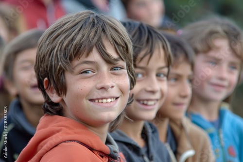 Portrait of a smiling schoolboy with his friends in the background