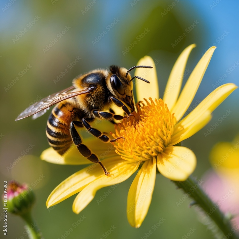 A macro shot of a vibrant yellow bumblebee collecting pollen from a delicate wildflower in a summer gardenv A macro shot of a vibrant yellow bumblebee collecting pollen from a delicate wildflower in a summer gardenv