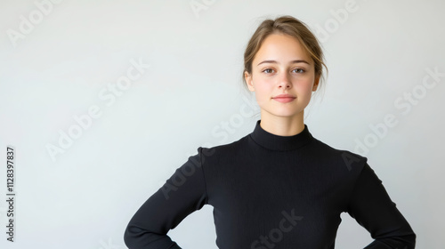 Confident young professional demonstrating leadership in a minimalist office setting, showcasing assertiveness and empowerment in a clean environment