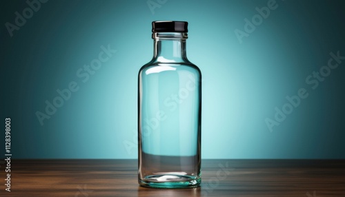 A clear glass bottle sits on a wooden table