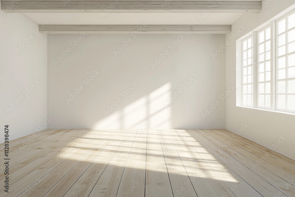 Obraz premium Une pièce vide avec des murs blancs, des poutres apparentes au plafond et un parquet en bois clair, éclairée par une lumière douce provenant de grandes fenêtres.