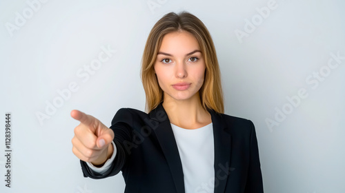 Wallpaper Mural Assertive businesswoman challenges the viewer with a pointed finger in a modern office space, emphasizing accountability and motivation Torontodigital.ca