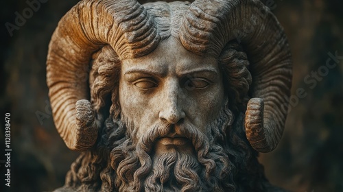 ancient god statue of a male god with ram horns on a dark background