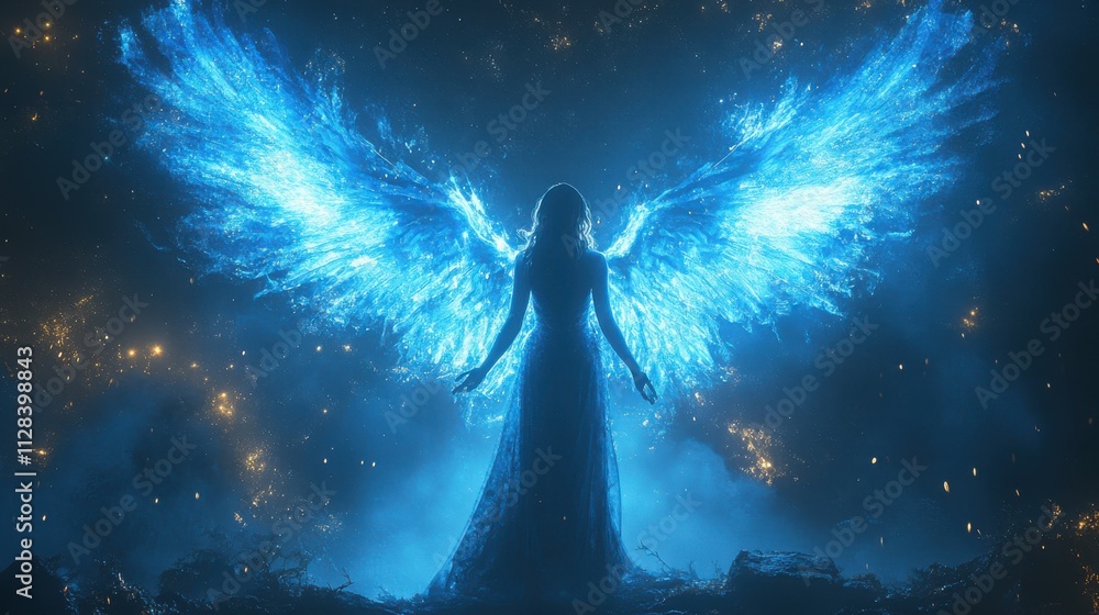 angel the messenger of god woman spreading her arms under wings with a night sky background angel the messenger of god woman spreading her arms under wings with a night sky background