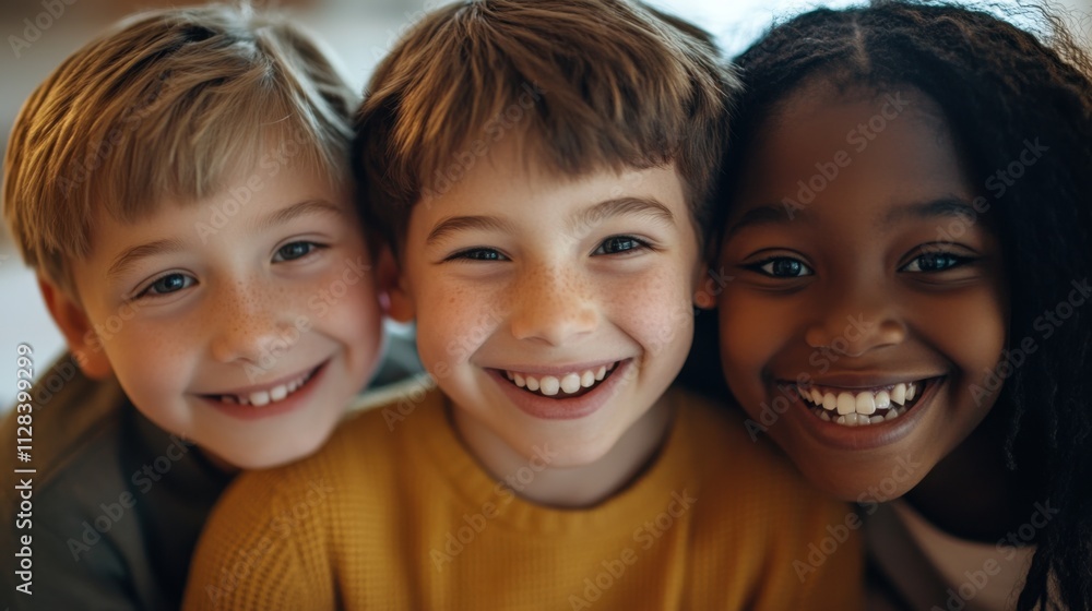 Closeup of three happy children, a South Asian girl with a joyful smile and long hair, a white boy with a cheerful expression and medium-length hair Closeup of three happy children, a South Asian girl with a joyful smile and long hair, a white boy with a cheerful expression and medium-length hair